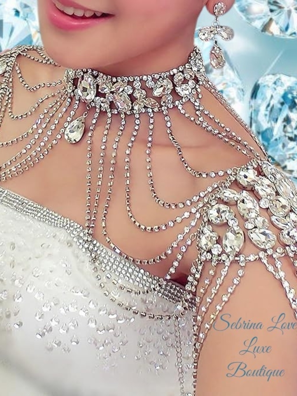 Elegant Rhinestone Crystal Statement Shoulder Drape Caplet Choker Necklace